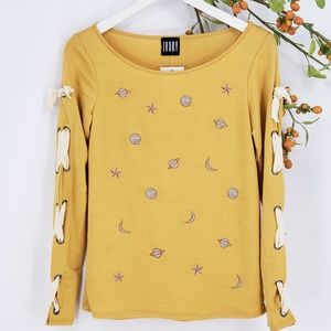 NEW Embroidered Celestial Stars Galaxy Lace-Up Top in Mustard